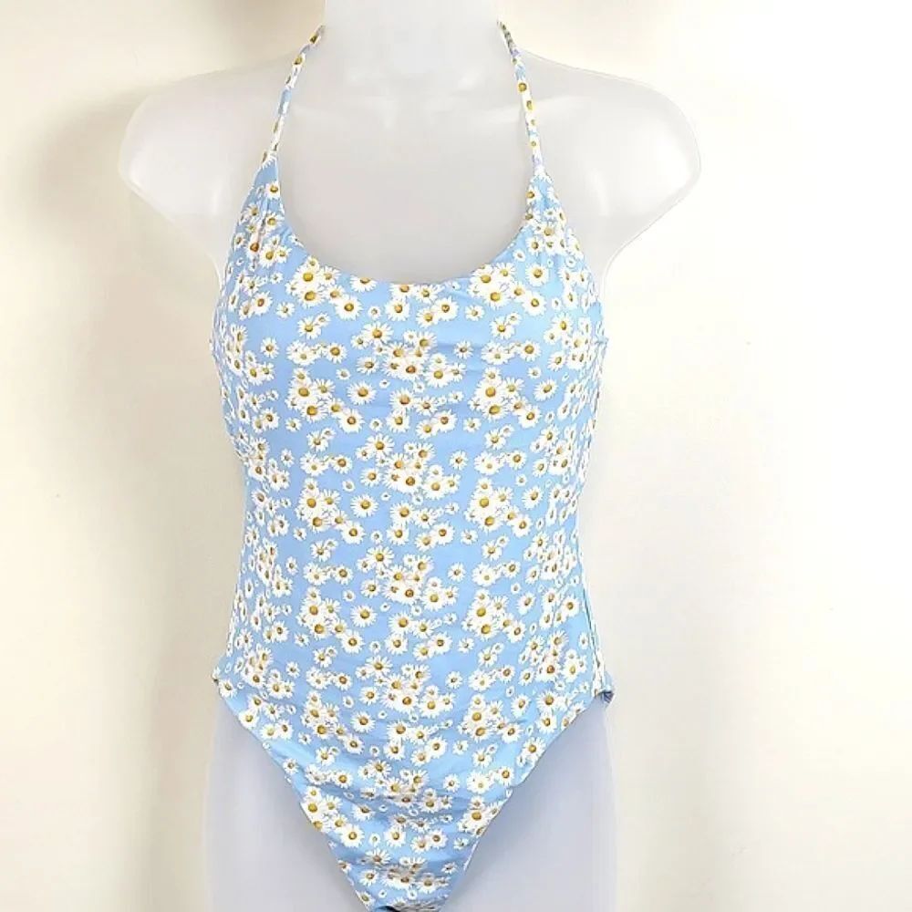 Onia Ginny Low Back One-Piece Swimsuit in Blue Daisy Size S Coastal Grandmacore